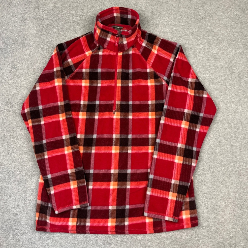 Eddie Bauer Fleece Pullover Women Large Red Plaid 1/4 Zip Mock Neck Outdoor